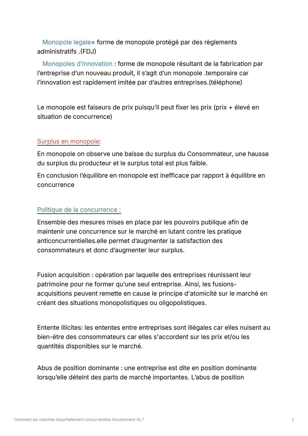 Comment les marchés
imparfaitement concurrentiels
fonctionnent-ils ?
Monopole un seul vendeur.
Oligopole: marché avec un petit nombre d'offr