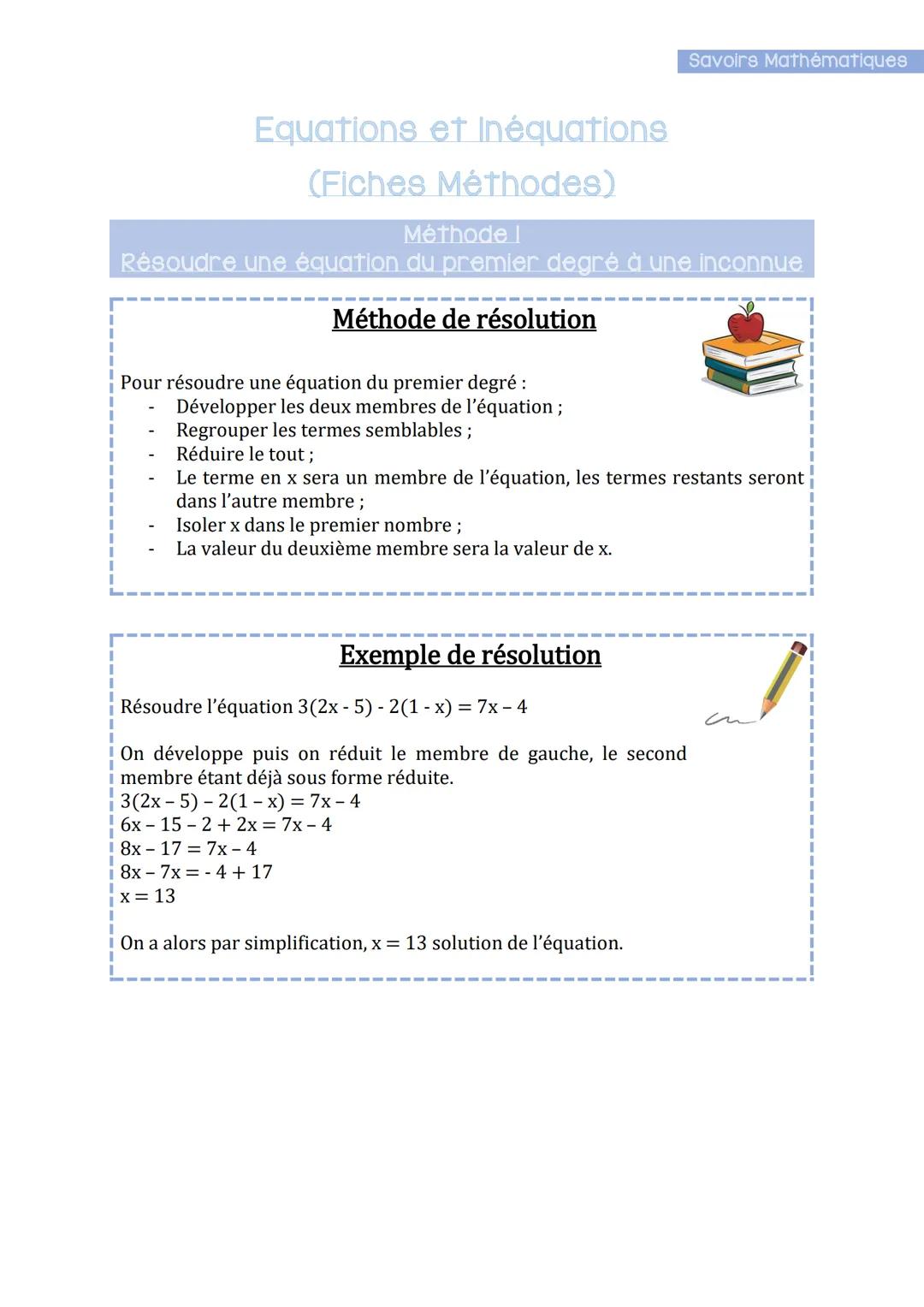 Savoirs Mathématiques
Equations et Inéquations
(Fiches Méthodes)
Méthode I
Résoudre une équation du premier degré à une inconnue
Méthode de
