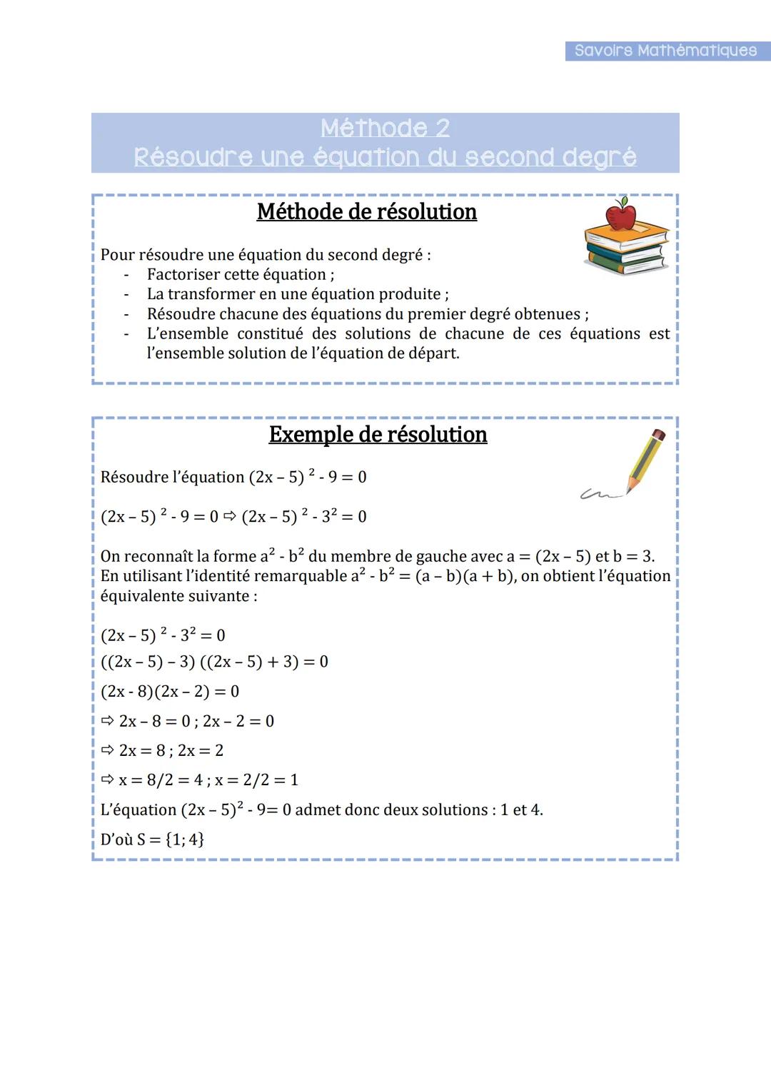 Savoirs Mathématiques
Equations et Inéquations
(Fiches Méthodes)
Méthode I
Résoudre une équation du premier degré à une inconnue
Méthode de