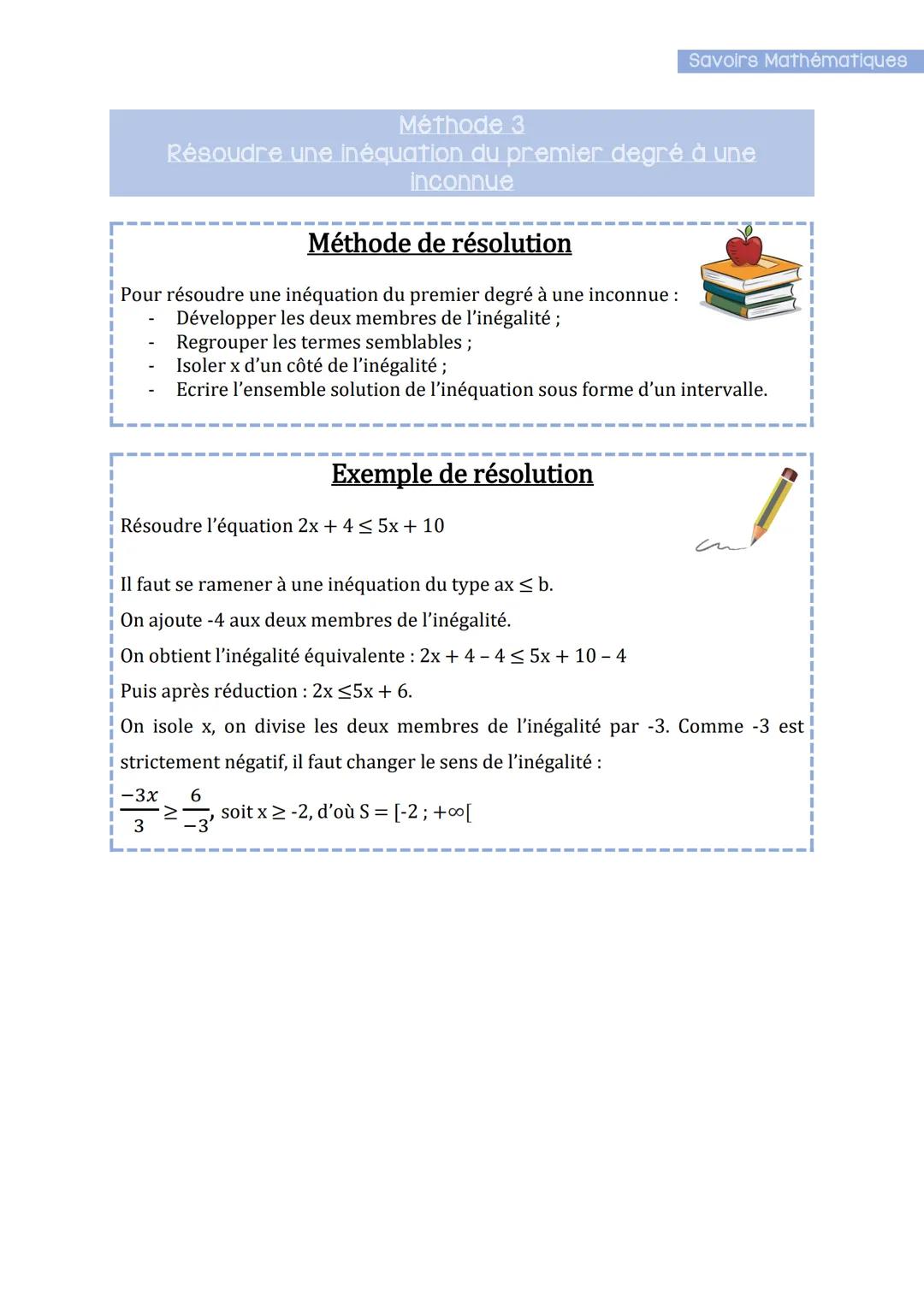 Savoirs Mathématiques
Equations et Inéquations
(Fiches Méthodes)
Méthode I
Résoudre une équation du premier degré à une inconnue
Méthode de