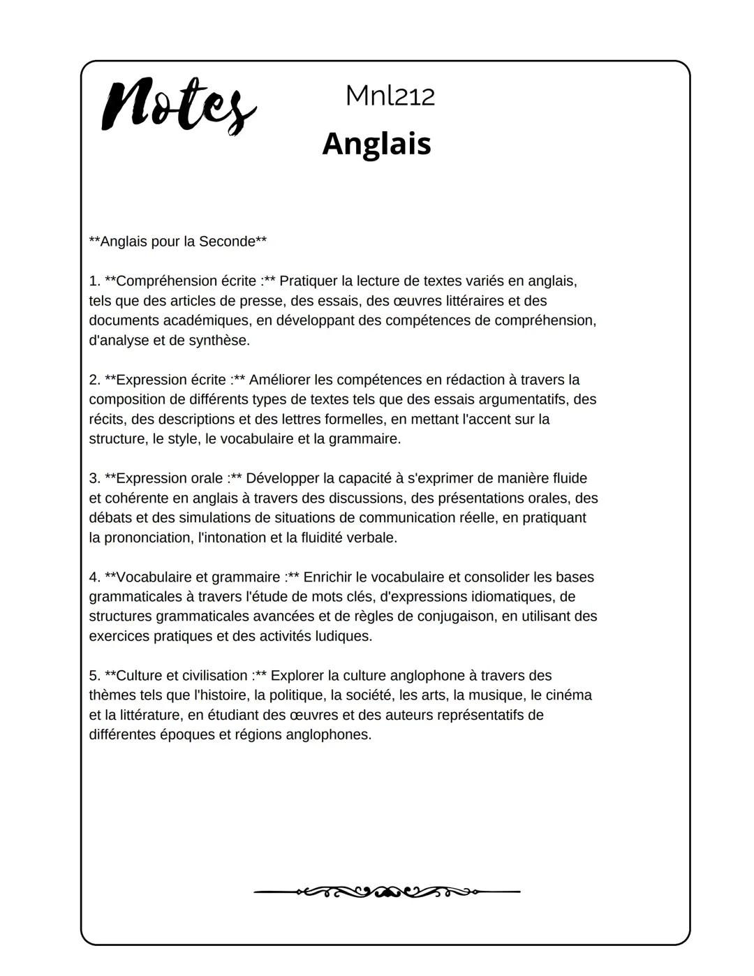 L’anglais en seconde c’est quoi?