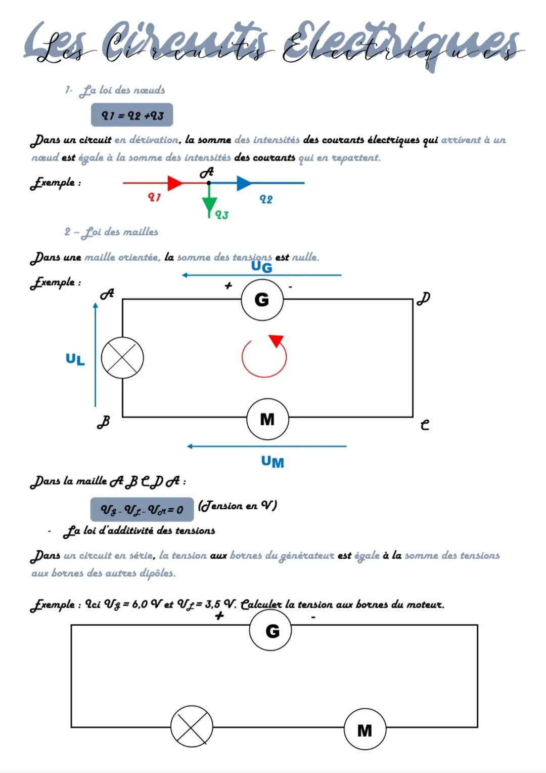 # Les Ciressits Electriques
1- La loi des nœuds
$१८ = १२+१३$
Dans un circuit en dérivation, la somme des intensités des courants électriq