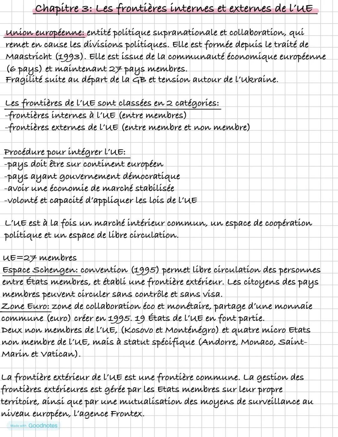 Chapitre 3: Les frontières internes et externes de l'UE
Union européenne: entité politique supranationale et collaboration, qui
remet en ca