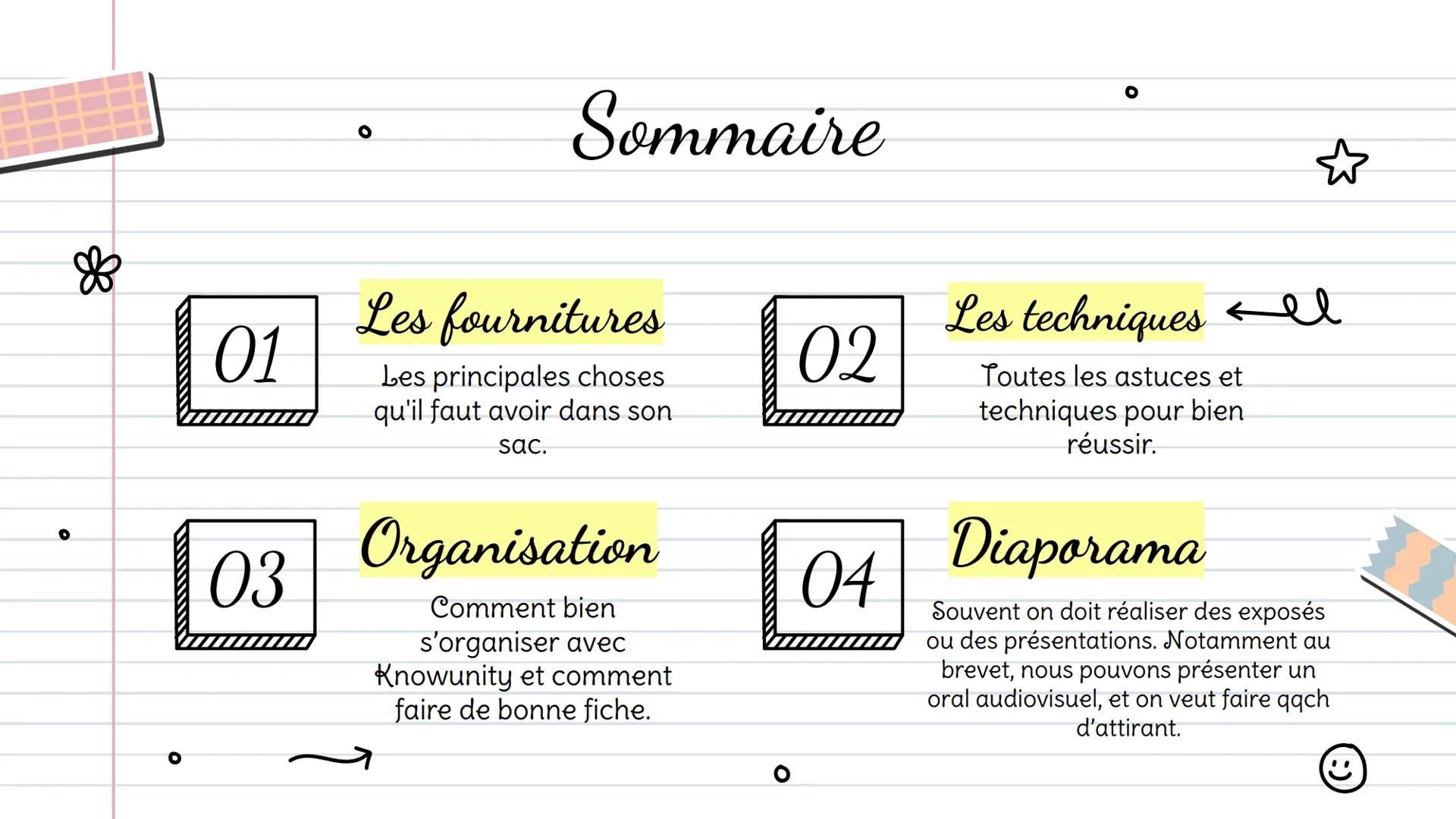 ☆
حمو
*
о
Les meilleurs choses
à faire
Avant la rentrée
'
Prenez des notes *
01
Sommaire
Les fournitures
Les principales choses
qu'il faut a
