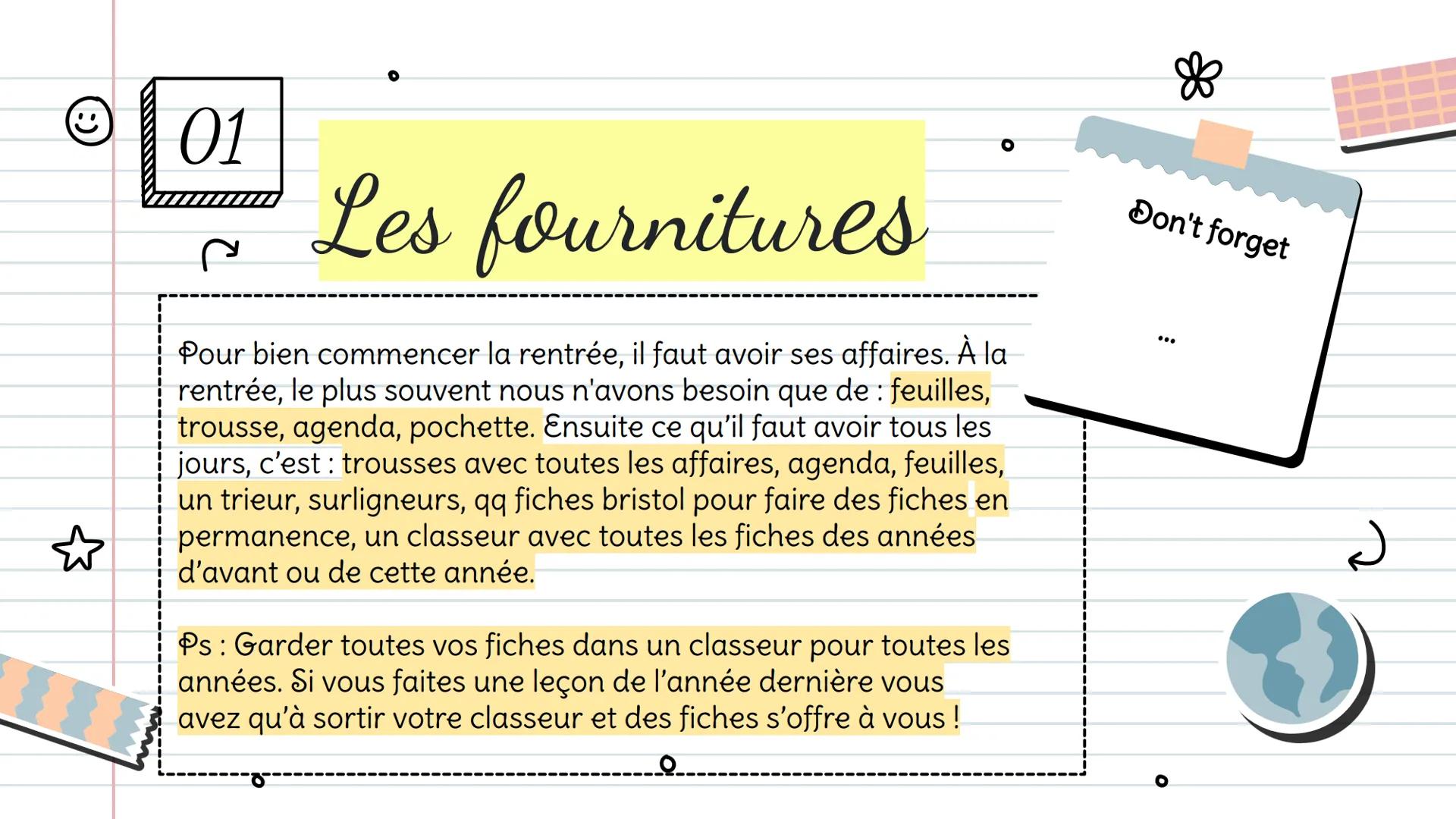 ☆
حمو
*
о
Les meilleurs choses
à faire
Avant la rentrée
'
Prenez des notes *
01
Sommaire
Les fournitures
Les principales choses
qu'il faut a