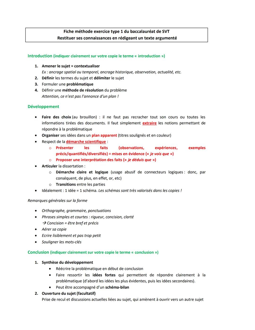 # Fiche méthode exercice type 1 du baccalauréat de SVT
Restituer ses connaissances en rédigeant un texte argumenté
Introduction (indiquer c