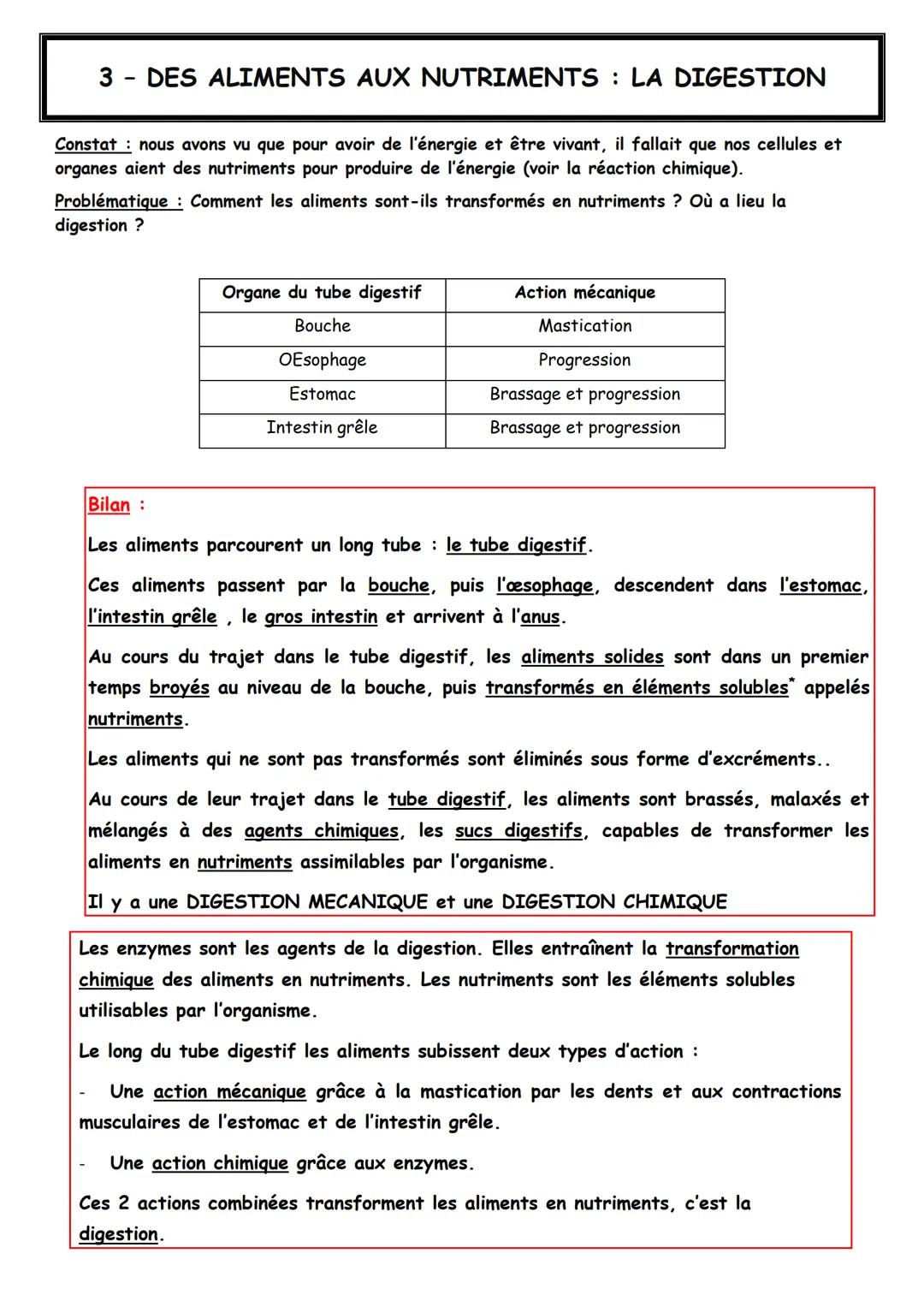 3 DES ALIMENTS AUX NUTRIMENTS: LA DIGESTION
Constat nous avons vu que pour avoir de l'énergie et être vivant, il fallait que nos cellules et