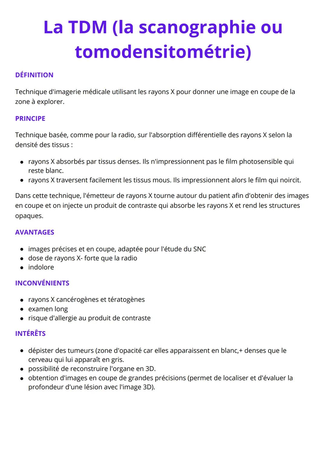 # La TDM (la scanographie ou
tomodensitométrie)
DÉFINITION
Technique d'imagerie médicale utilisant les rayons X pour donner une image en c