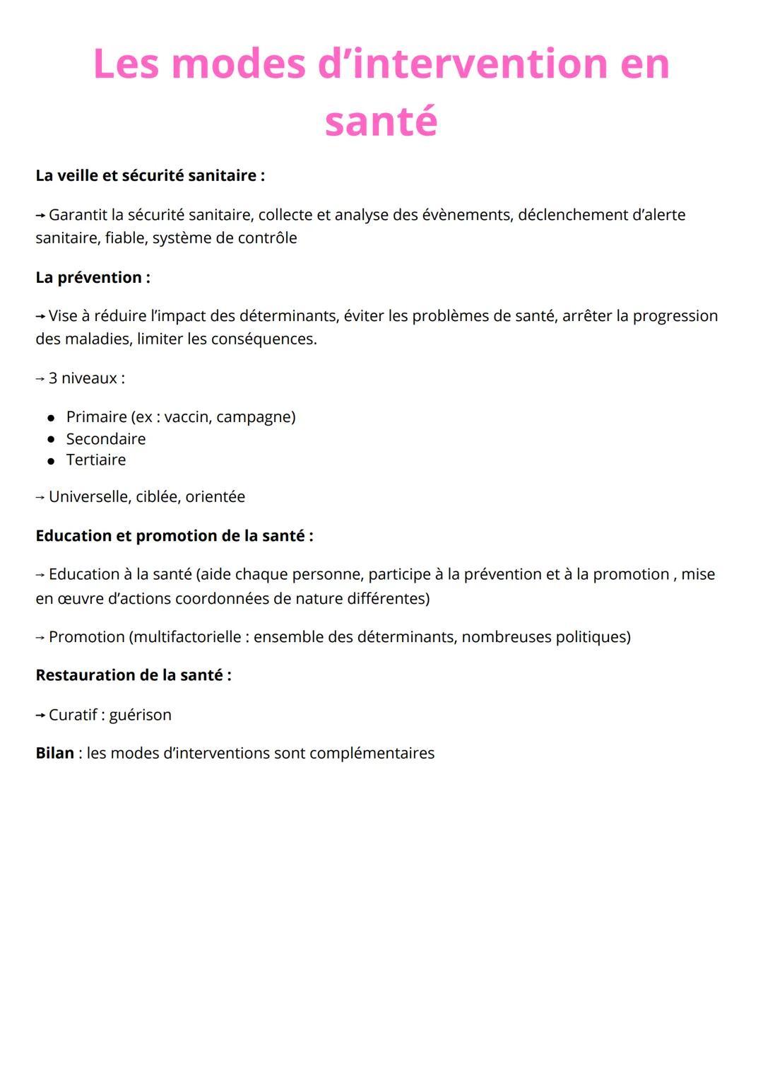 Les modes d'intervention en
La veille et sécurité sanitaire :
santé
→ Garantit la sécurité sanitaire, collecte et analyse des évènements, dé
