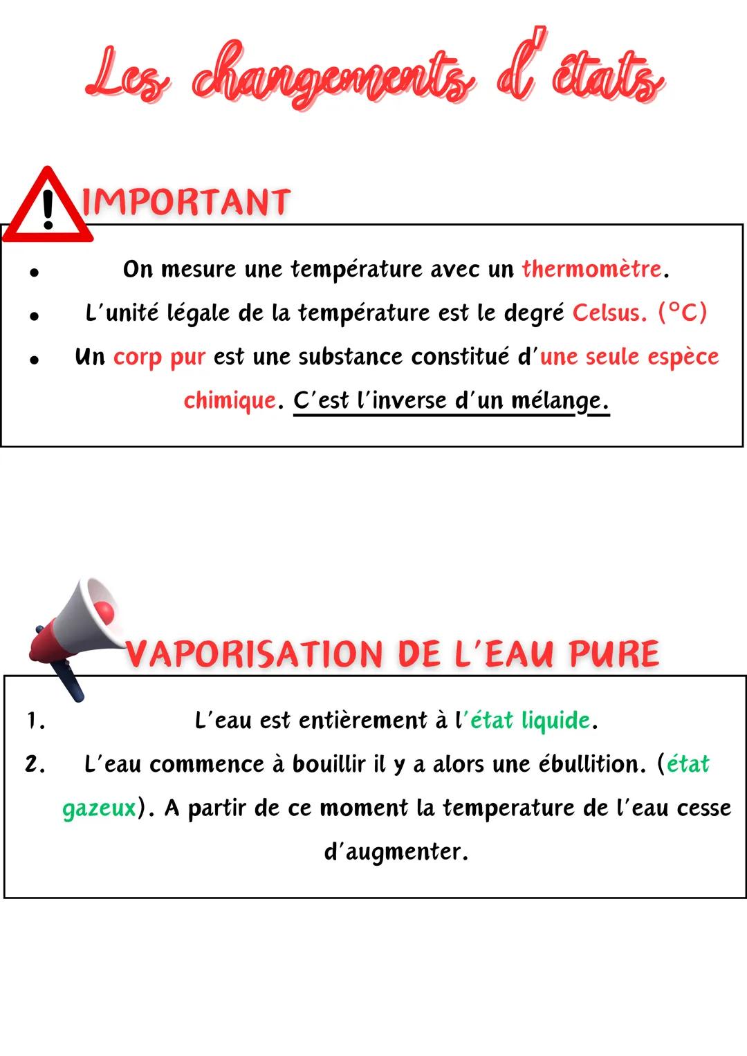 •
Les changements d' états
IMPORTANT
On mesure une température avec un thermomètre.
L'unité légale de la température est le degré Celsus. (°