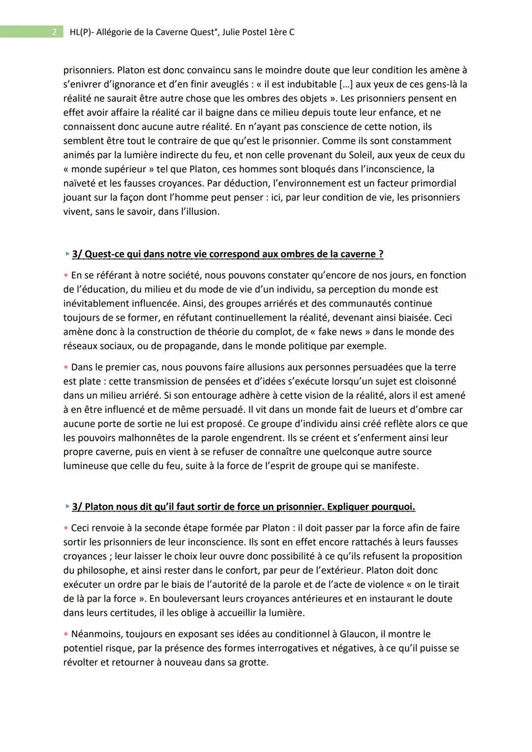 1
HL(P)- Allégorie de la Caverne Quest, Julie Postel 1ère C
- Philo : Platon, Allégorie de la Caverne -
▸ 1/ Distinguez les étapes du récit