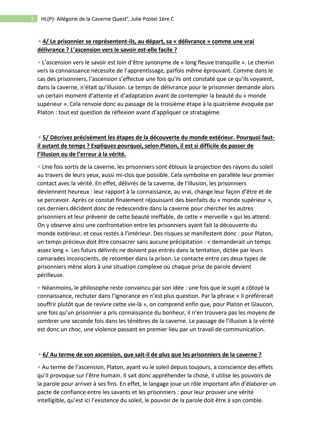 1
HL(P)- Allégorie de la Caverne Quest, Julie Postel 1ère C
- Philo : Platon, Allégorie de la Caverne -
▸ 1/ Distinguez les étapes du récit