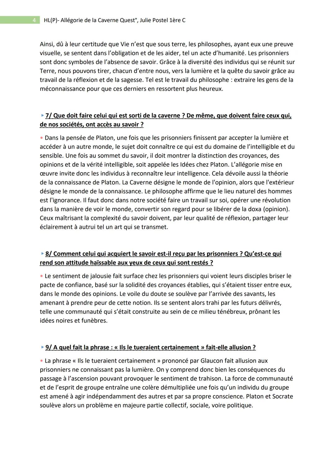 1
HL(P)- Allégorie de la Caverne Quest, Julie Postel 1ère C
- Philo : Platon, Allégorie de la Caverne -
▸ 1/ Distinguez les étapes du récit