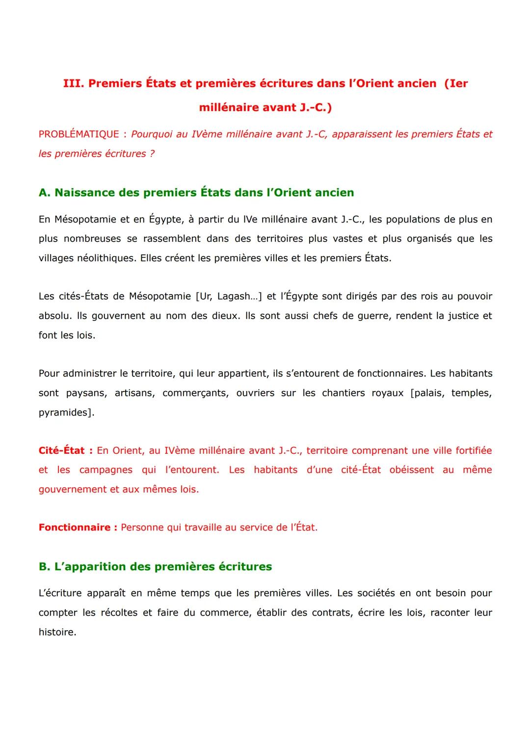 III. Premiers États et premières écritures dans l'Orient ancien (Ier
millénaire avant J.-C.)
PROBLÉMATIQUE : Pourquoi au IVème millénaire av
