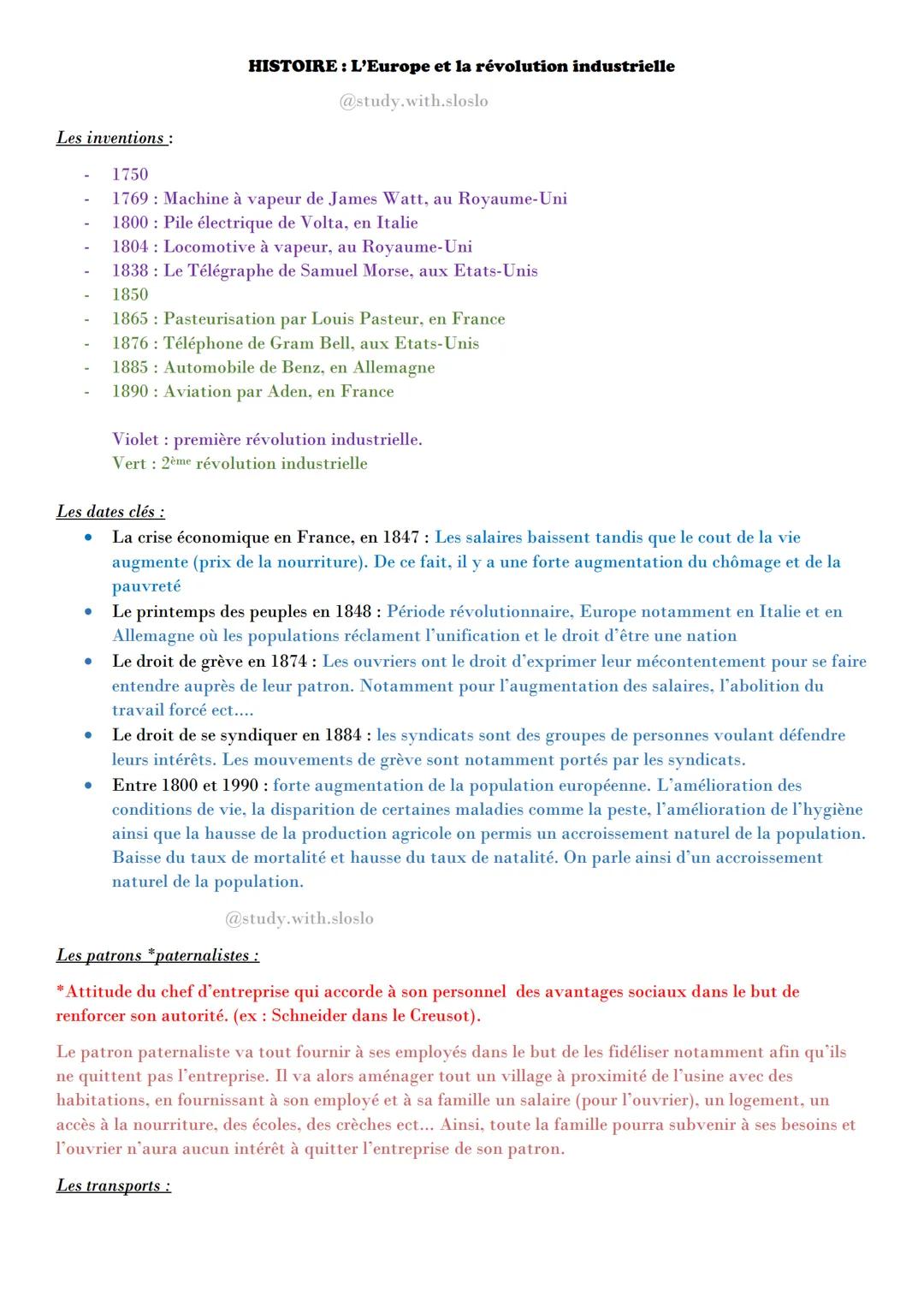 HISTOIRE : L'Europe et la révolution industrielle
@study.with.sloslo
Les inventions :
-
1750
1769 Machine à vapeur de James Watt, au Royaume