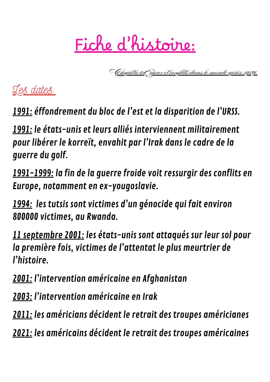 Fiche d'histoire:
Chapitres:Cnjeux et conflits dans le monde après 1959.
Les dates:
1991: éffondrement du bloc de l'est et la disparition