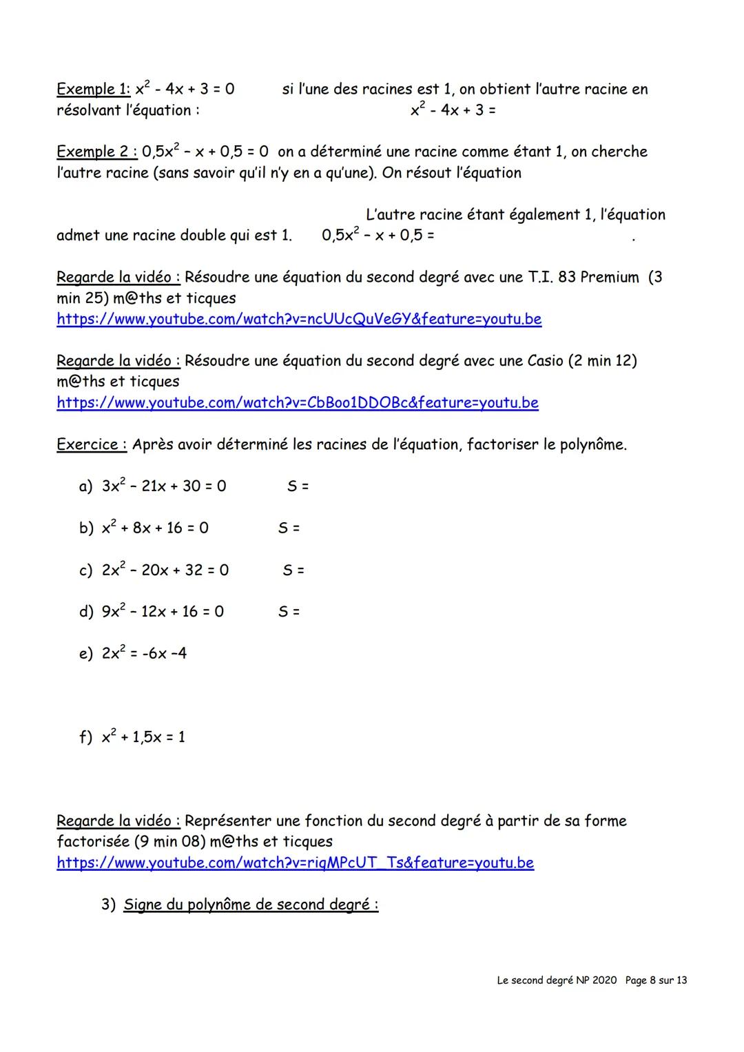 # CH V Le second degré
I) Les fonctions polynômes (Rappels):
1) Développer, factoriser:
Rappels: Pour tout réels a, b et c a(b + c) = ab