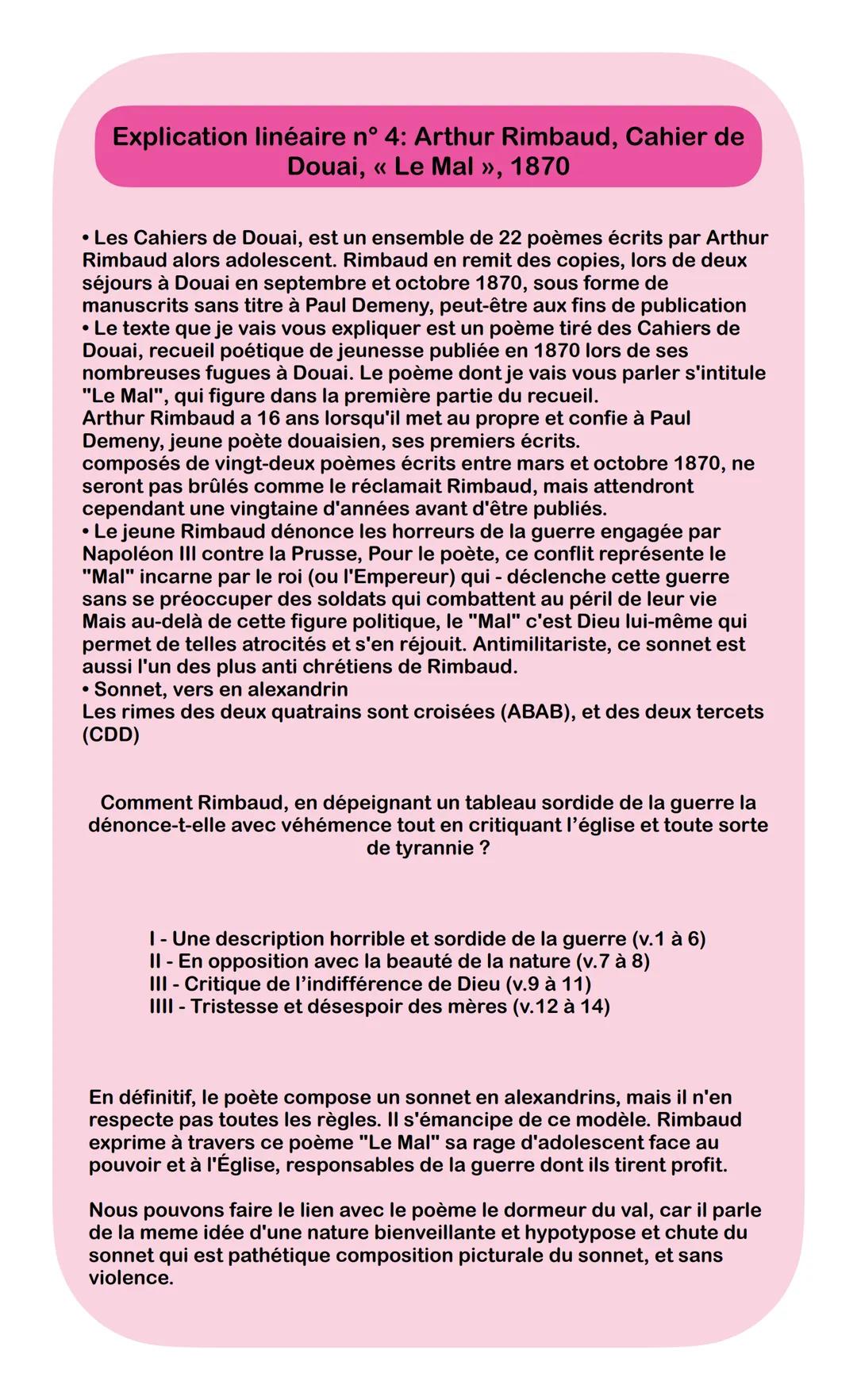 Explication linéaire n° 4: Arthur Rimbaud, Cahier de
Douai, << Le Mal »>, 1870
• Les Cahiers de Douai, est un ensemble de 22 poèmes écrits p