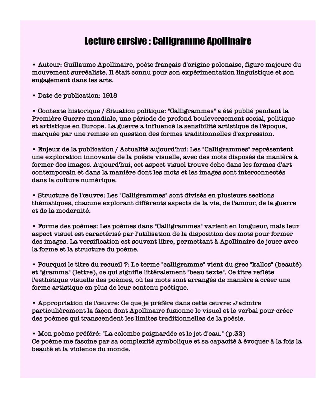 # Lecture cursive : Calligramme Apollinaire
• Auteur: Guillaume Apollinaire, poète français d'origine polonaise, figure majeure du
mouvemen