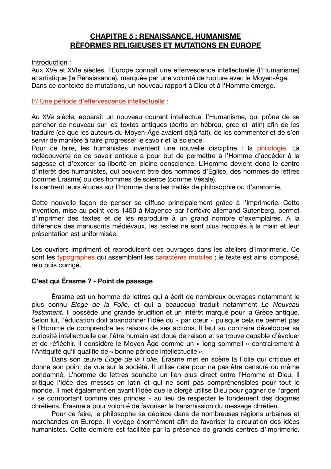 Introduction :
CHAPITRE 5: RENAISSANCE, HUMANISME
RÉFORMES RELIGIEUSES ET MUTATIONS EN EUROPE
Aux XVe et XVIe siècles, l'Europe connaît une