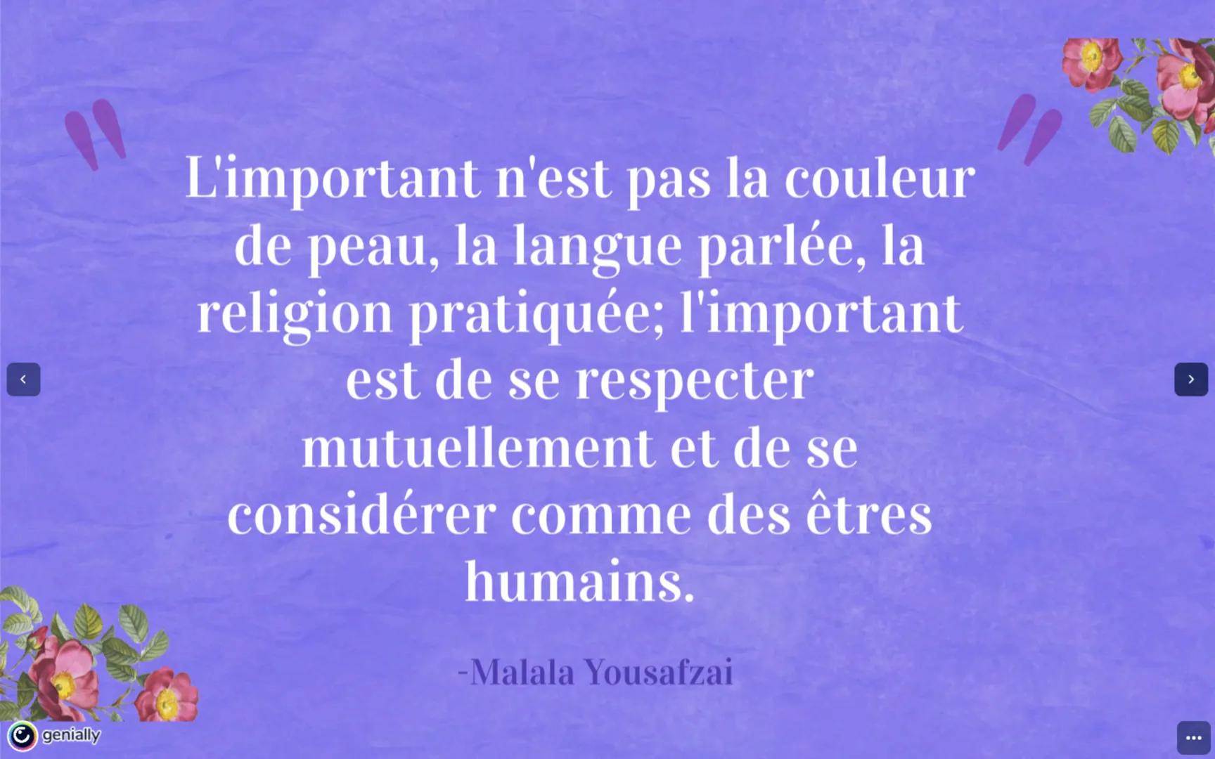 genially
MALALA
YOUSZAFAI
Présenter par Dibora Mahader feminisor
equality
SOMMAIRE
Biographie
Autobiographie
Distinctions
Citation
Tentative