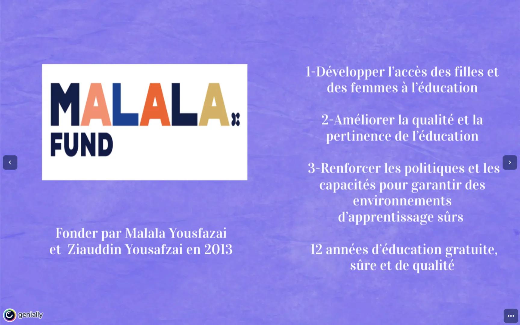 genially
MALALA
YOUSZAFAI
Présenter par Dibora Mahader feminisor
equality
SOMMAIRE
Biographie
Autobiographie
Distinctions
Citation
Tentative
