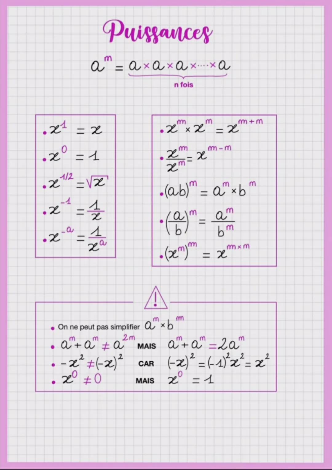 Puissances
am = axaxa х....ха
n fois
•
.x1
= x
-x° = 1
=1
1/2
.x
=√√x
.2
-1
-
=
1
χα
m
m
•xxx = x
2"
m
xm
χ
m-m
m+m
.(ab)” = axb
m
=
am
bm
(