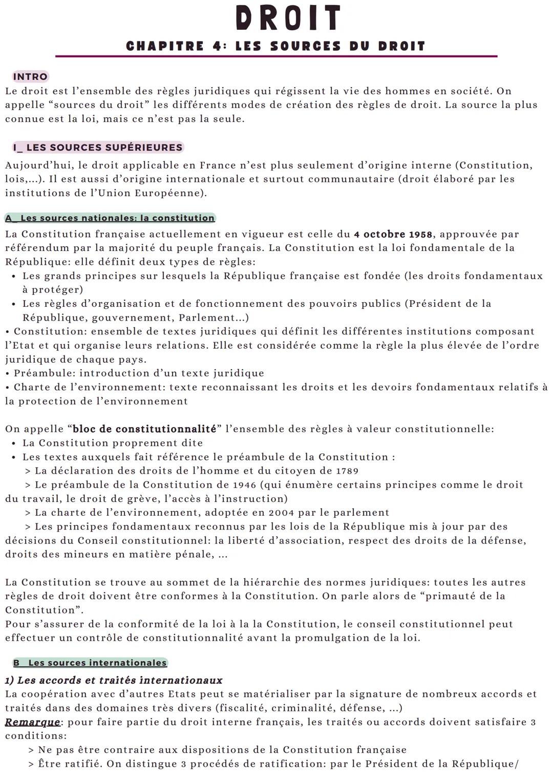 DROIT
CHAPITRE 4: LES SOURCES DU DROIT
INTRO
Le droit est l'ensemble des règles juridiques qui régissent la vie des hommes en société. On
ap
