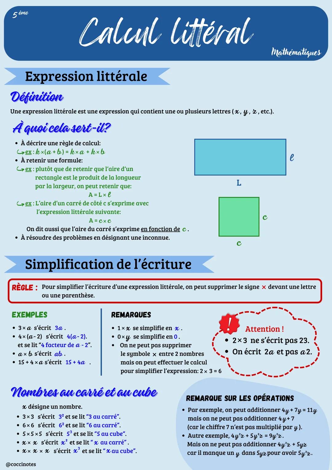 5 ème
Calcul littéral
Expression littérale
Définition
Une expression littérale est une expression qui contient une ou plusieurs lettres (x,