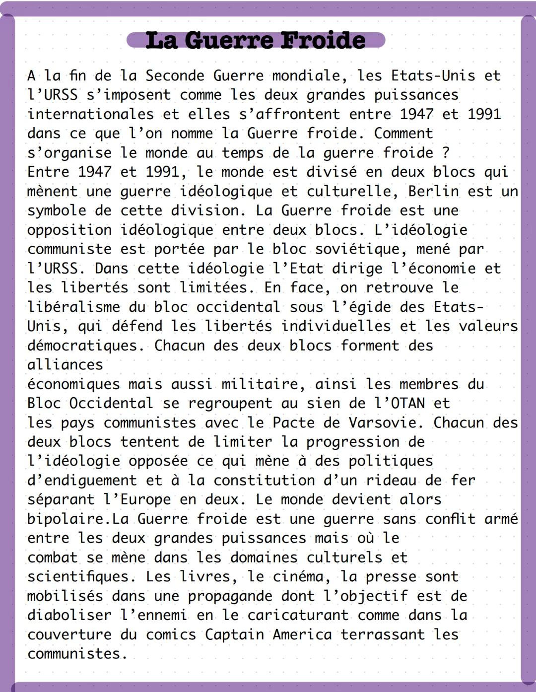 # La Guerre Froide
A la fin de la Seconde Guerre mondiale, les Etats-Unis et
l'URSS s'imposent comme les deux grandes puissances
internatio