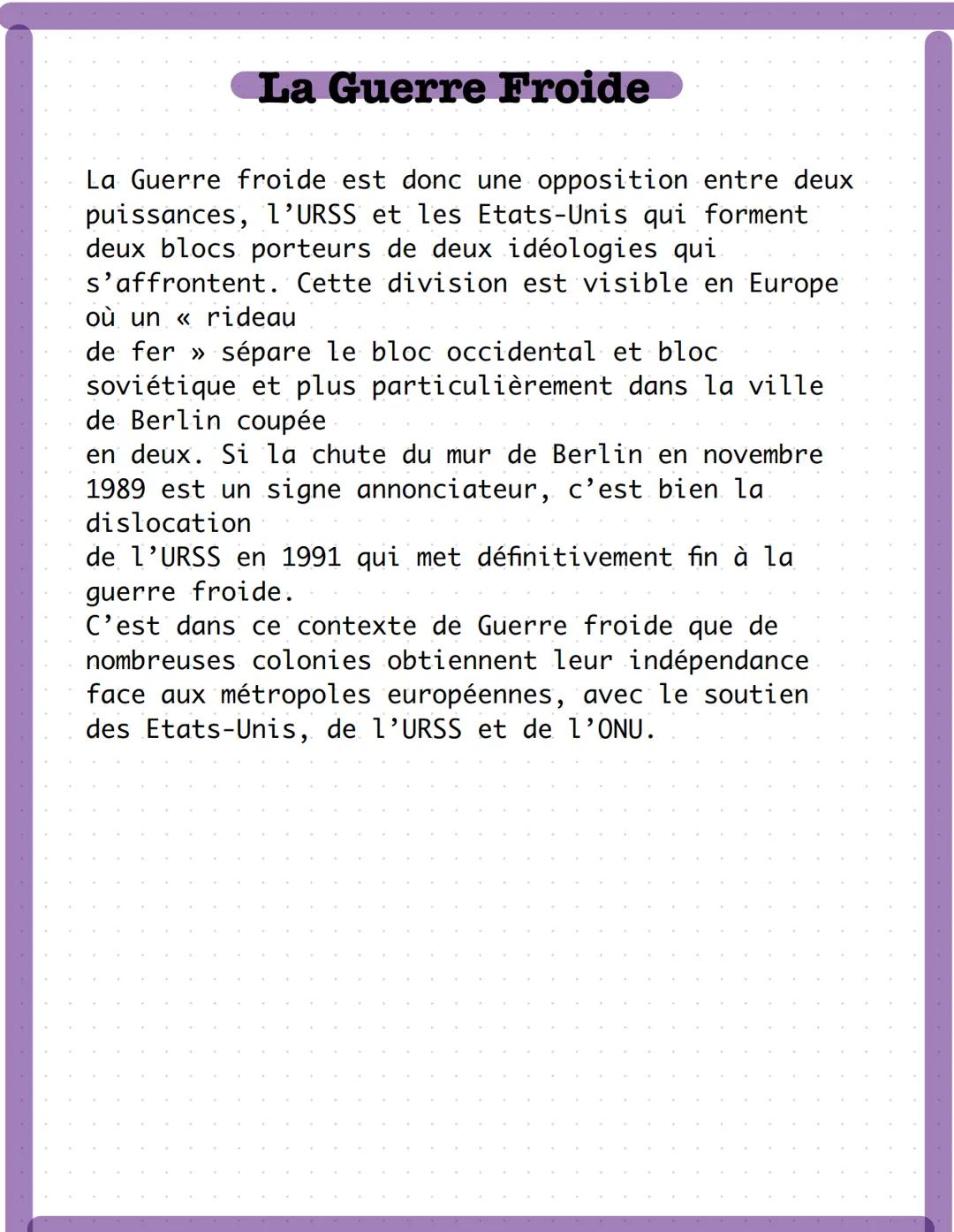 # La Guerre Froide
A la fin de la Seconde Guerre mondiale, les Etats-Unis et
l'URSS s'imposent comme les deux grandes puissances
internatio