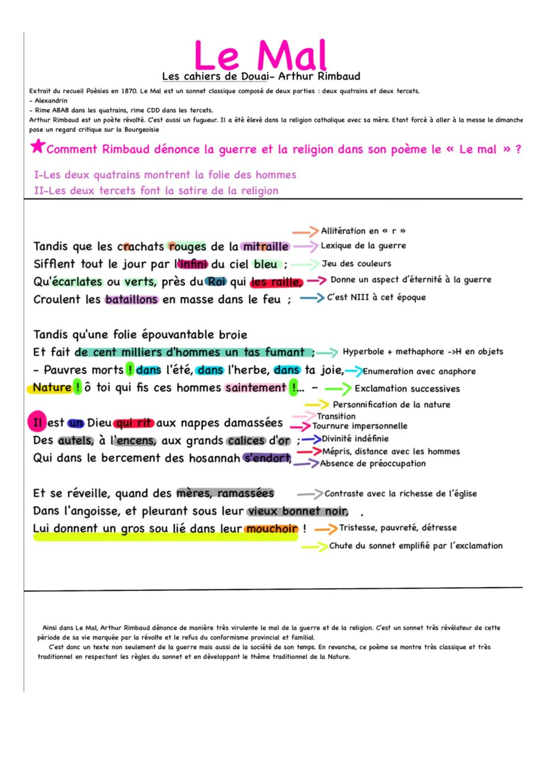 Le Mal
Les cahiers de Douai- Arthur Rimbaud
Extrait du recueil Poésies en 1870. Le Mal est un sonnet classique composé de deux parties deux