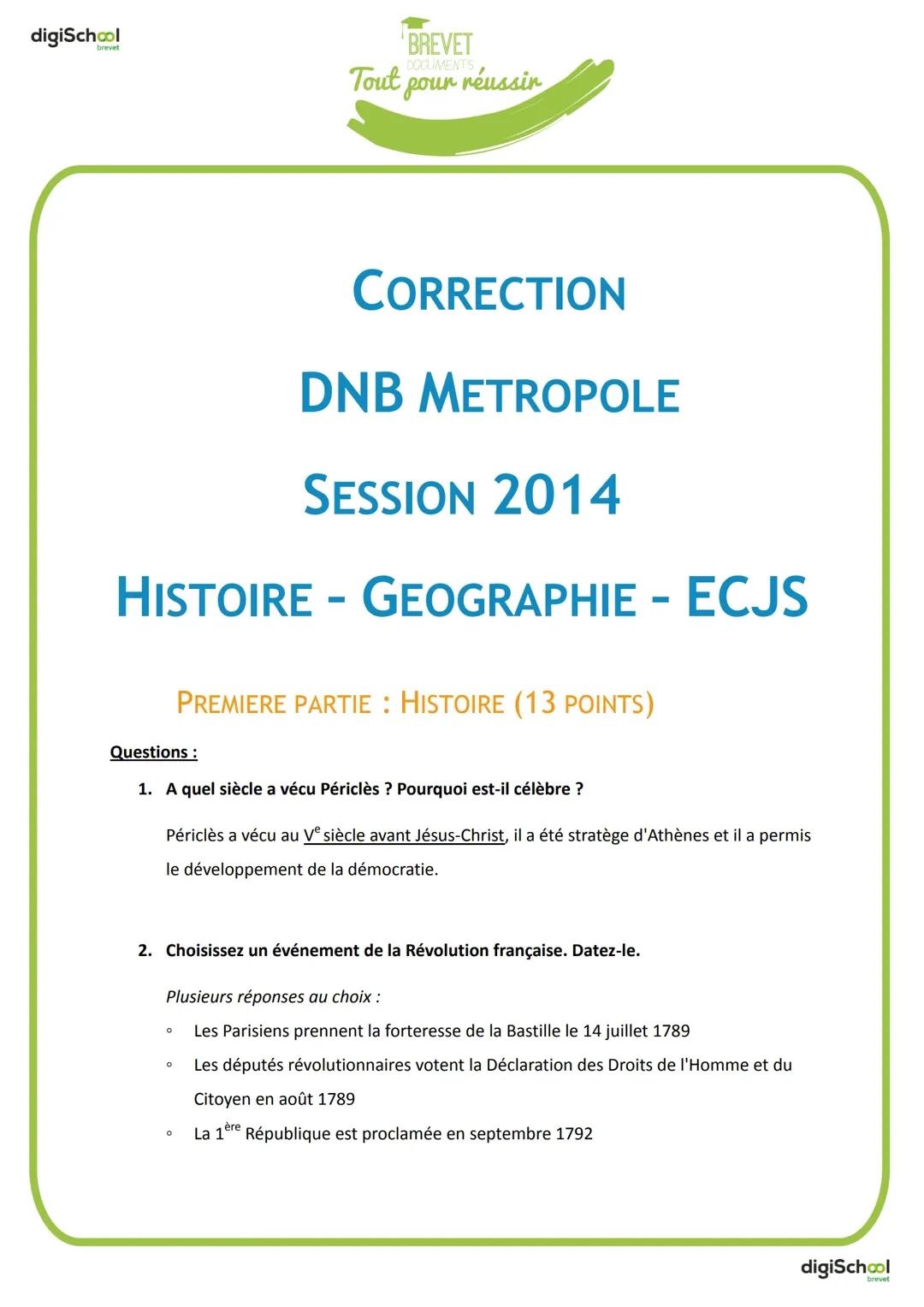 Histoire corrections brevet