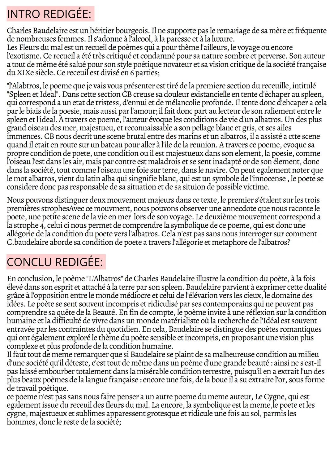 # L'ALBATROS
Texte 3
Alchimie poétique: la
boue et l'or
I-INTRO:
AUTEUR:
*   Charles Baudelaire: héritier bourgeois
*   Fréquente de nomb