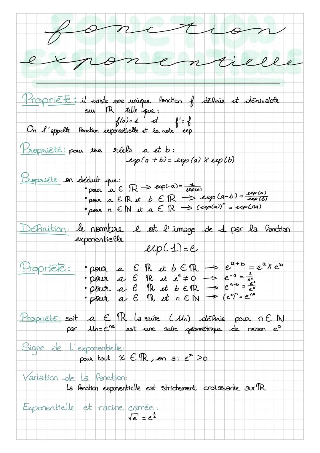 # fonction
# exponentielle
Propriète: il existe une unique fonction of definie et dérivable
sur IR telle que:
$f(0)=1$ et $f'= f$
On l'app