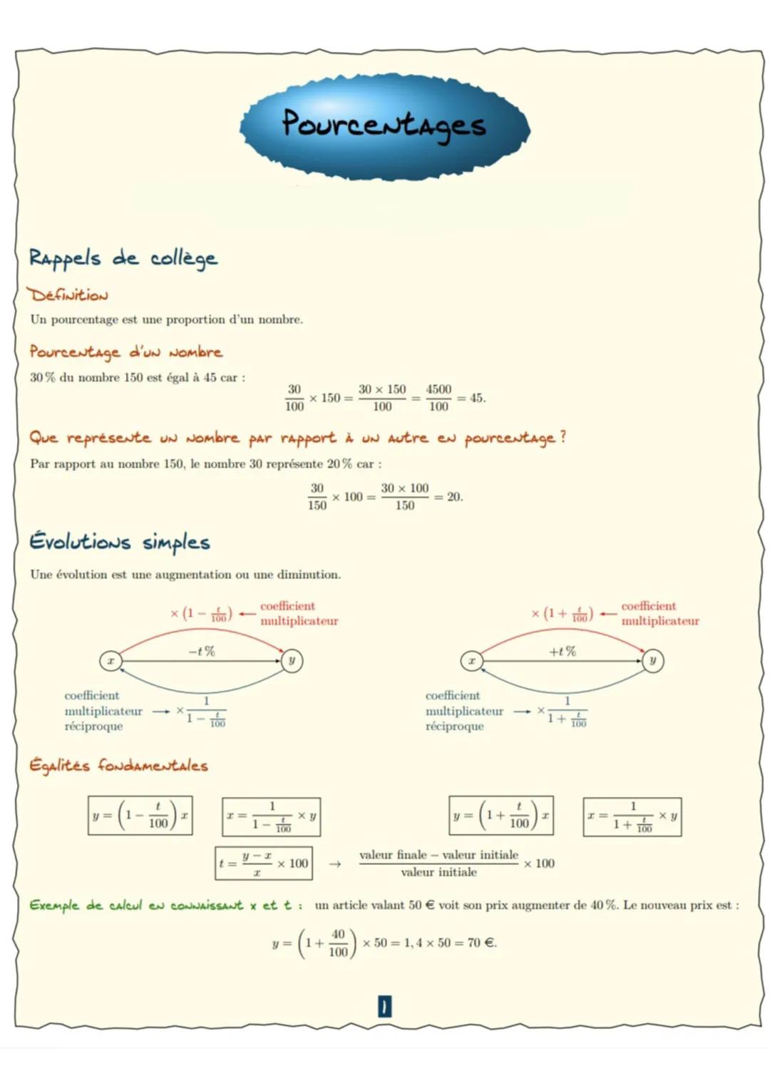 Pourcentages
Rappels de collège
Definition
Un pourcentage est une proportion d'un nombre.
Pourcentage d'un Nombre
30% du nombre 150 est égal