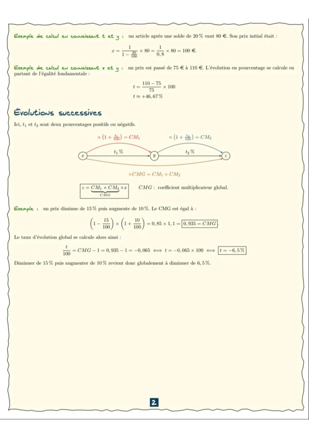 Exemple de calcul eN CONNAISSANt t et y : un article après une solde de 20 % vaut 80 €. Son prix initial était :
H=
1
20
100
× 80 =>
1
0,8
×