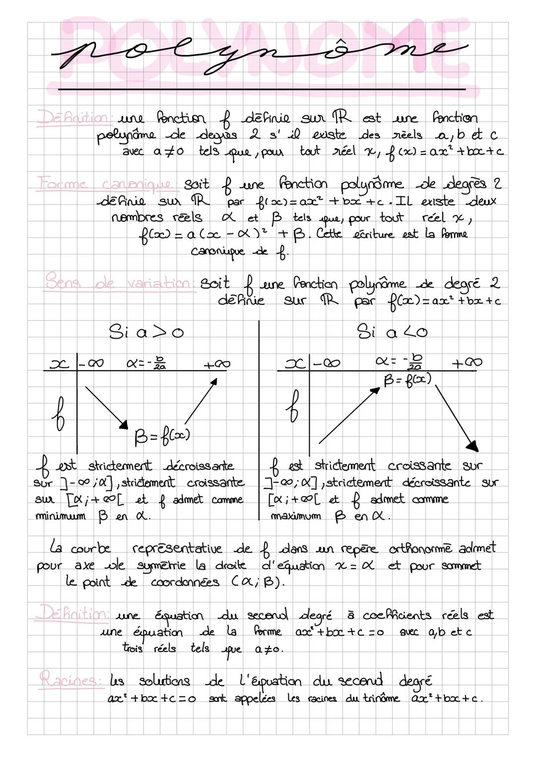 polyn
ôme
fonction
Definition: une fonction of définie sur TR est une
polynome de degres 2 s' il existe des réels a, b et c
tout réel x, f (