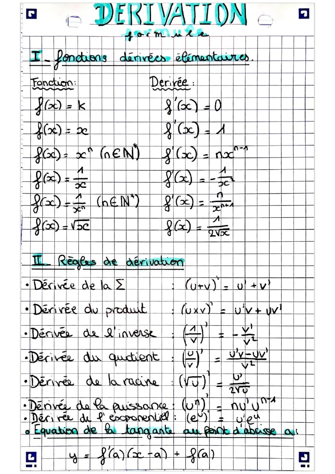 ☑
P
DERIVATION -
form vee
I fonctions dérivées élémentaires.
Fonction:
f(x) = k
Derivée
8(0) = 0
f(x) = xc
8(x) = 1
f(x) = x^ (^EN)
f(x) = n