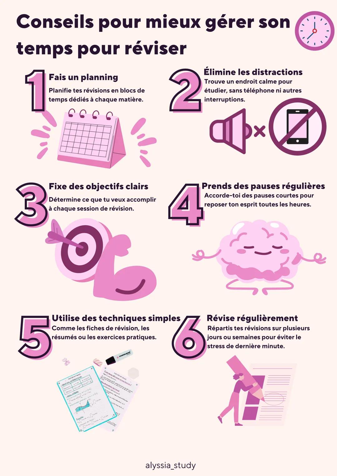 # Conseils pour mieux gérer son
temps pour réviser
1
Fais un planning
Planifie tes révisions en blocs de
temps dédiés à chaque matière.
Él