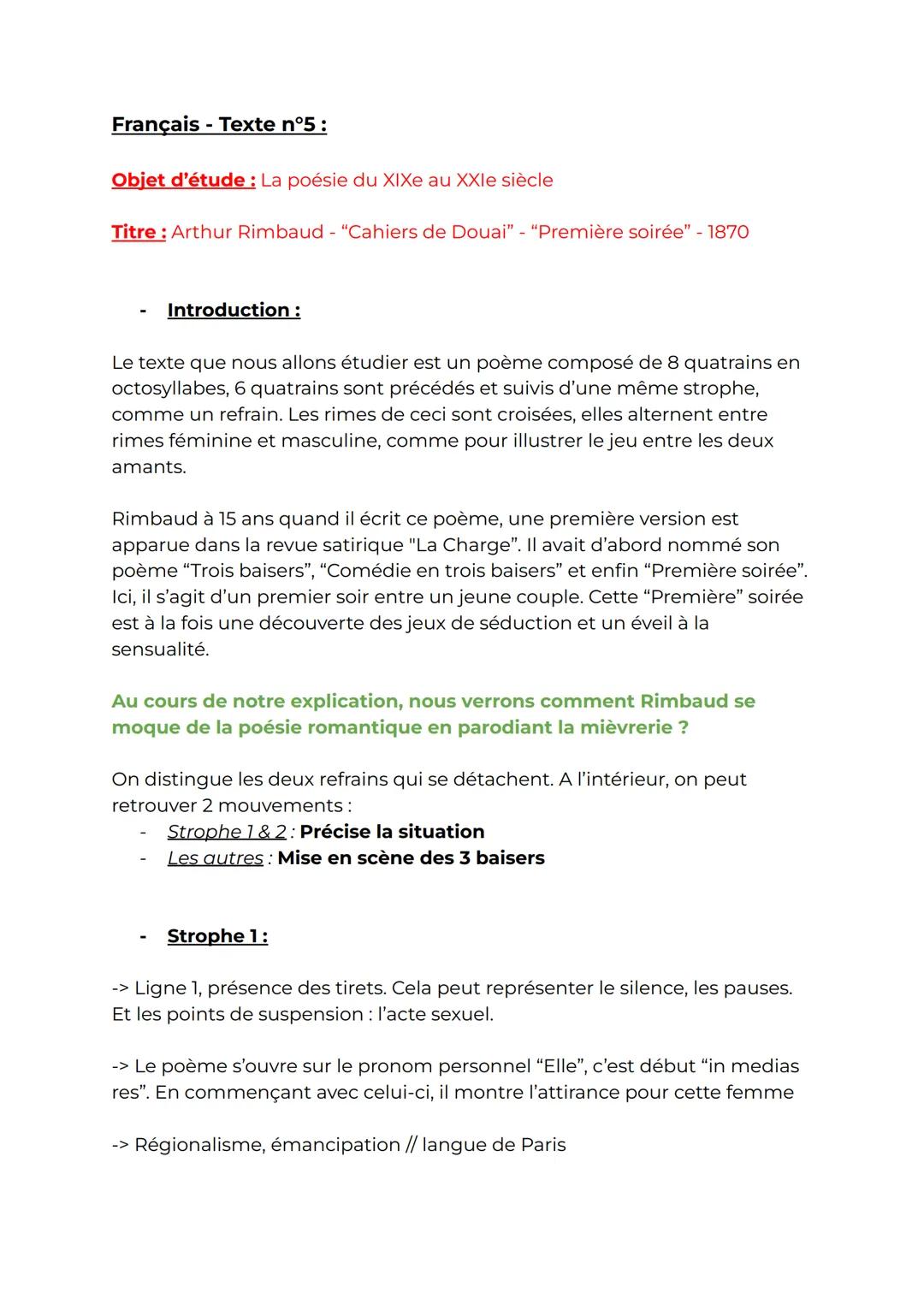 Français - Texte n°5:
Objet d'étude: La poésie du XIXe au XXIe siècle
Titre : Arthur Rimbaud - "Cahiers de Douai" - "Première soirée" - 1870