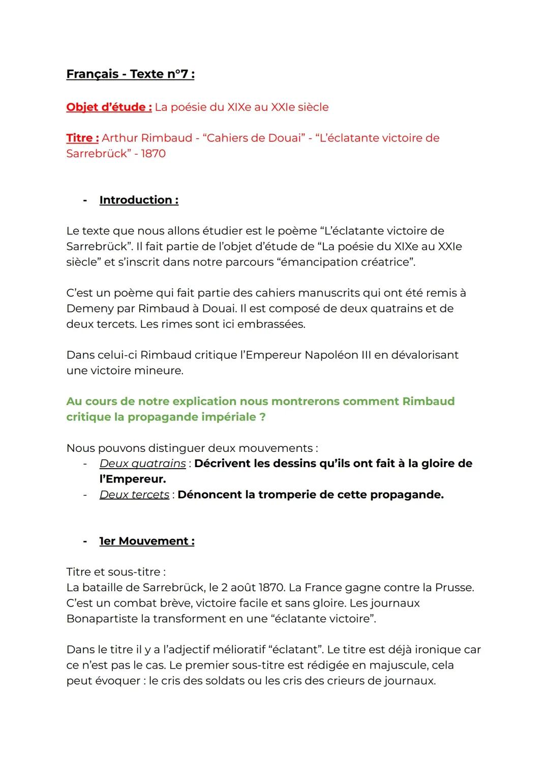 Analyse linéaire - « Cahiers de Douai » de Arthur Rimbaud - « L’éclatante victoire de Sarrebrück »