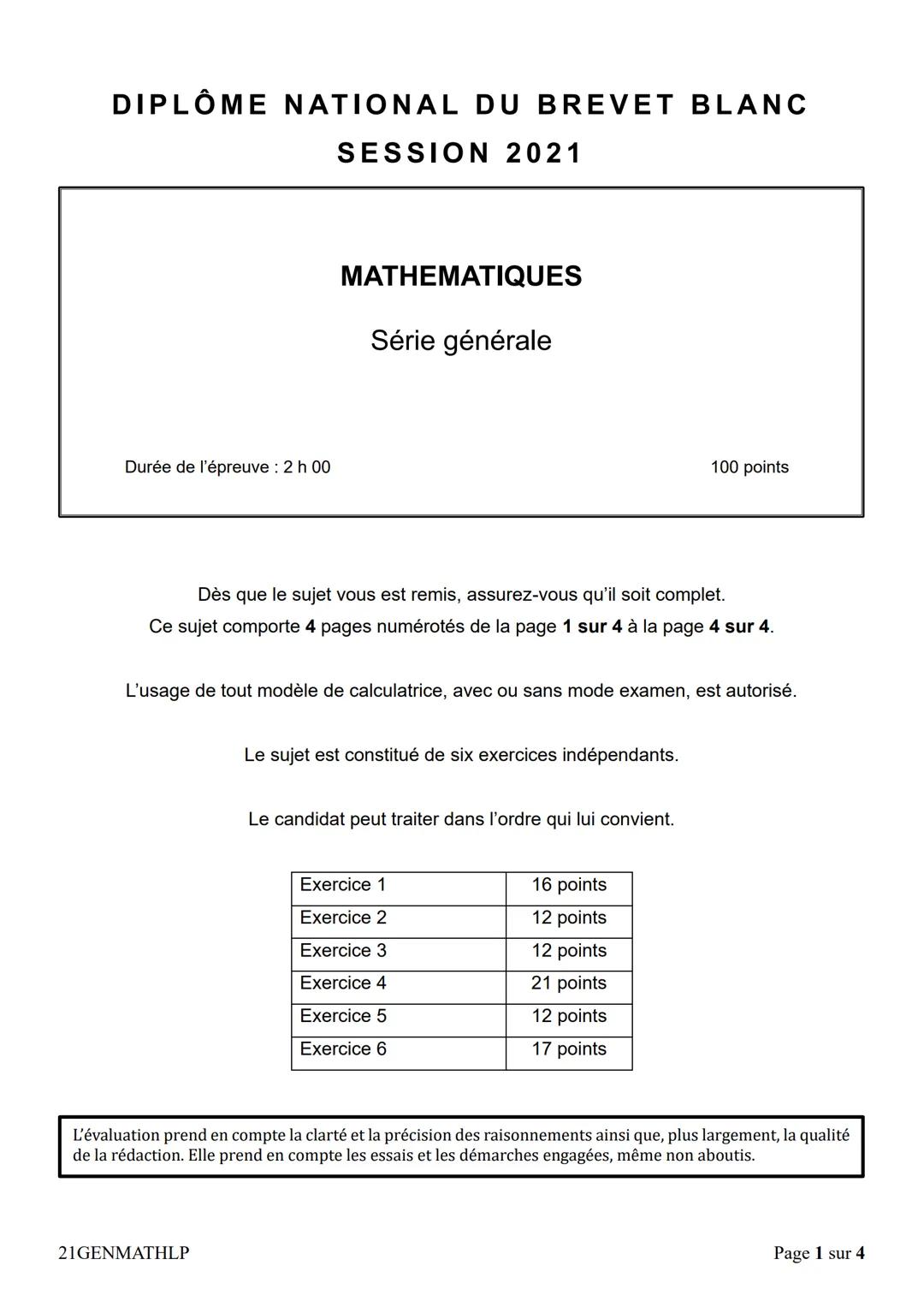# DIPLÔME NATIONAL DU BREVET BLANC
# SESSION 2021
MATHEMATIQUES
Série générale
Durée de l'épreuve : 2 h 00
100 points
Dès que le sujet