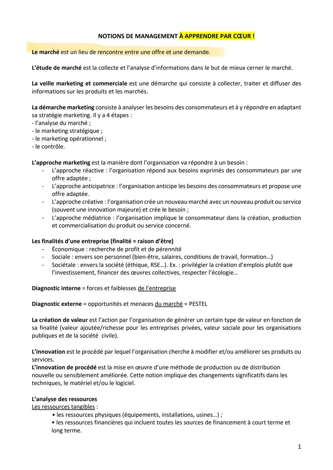 NOTIONS DE MANAGEMENT À APPRENDRE PAR CŒUR !
Le marché est un lieu de rencontre entre une offre et une demande.
L'étude de marché est la col