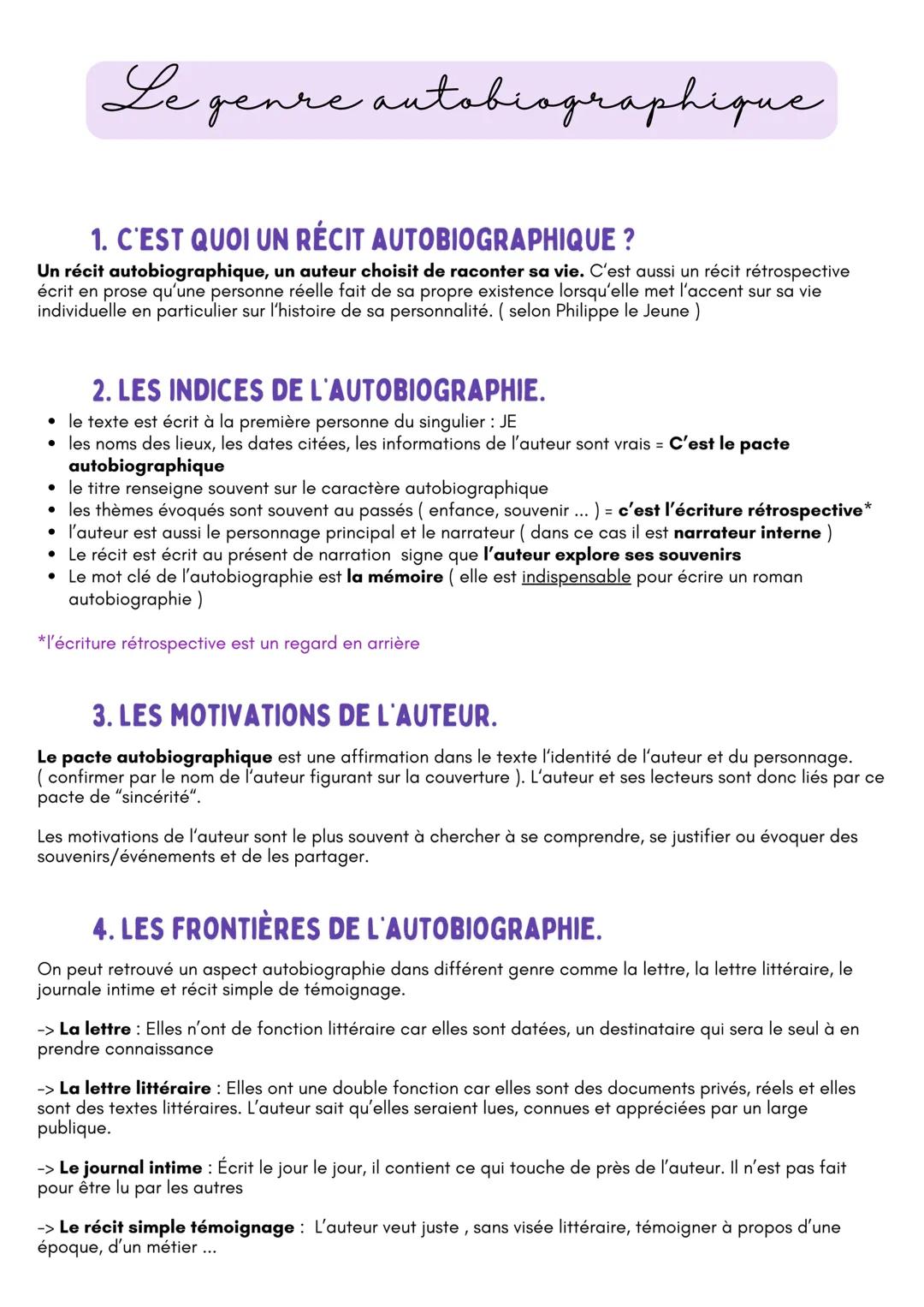 Le genre autobiographique
1. C'EST QUOI UN RÉCIT AUTOBIOGRAPHIQUE ?
Un récit autobiographique, un auteur choisit de raconter sa vie. C'est a