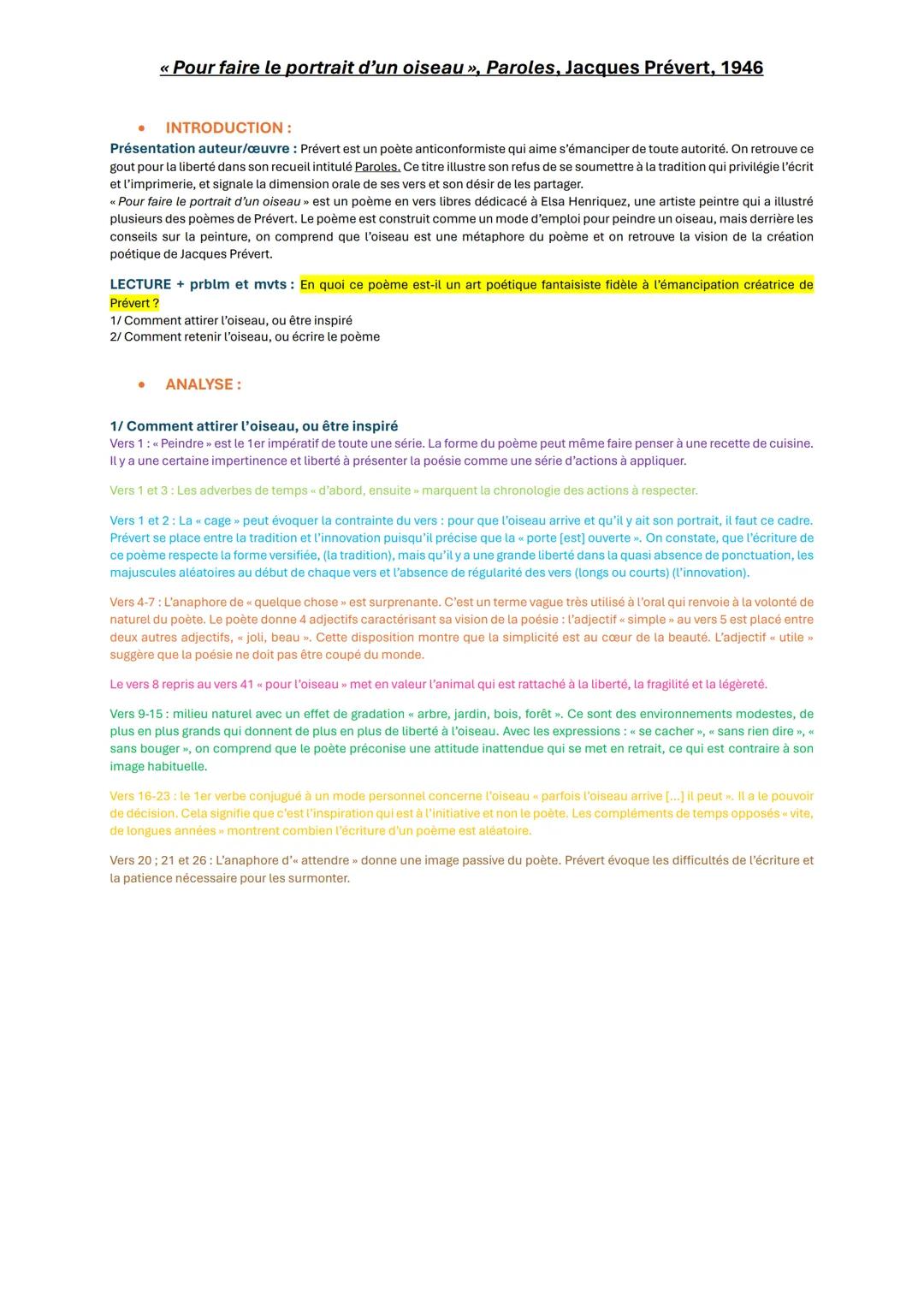 Analyse du poème « pour faire le portrait d’un oiseau » (Jacques Prevert)