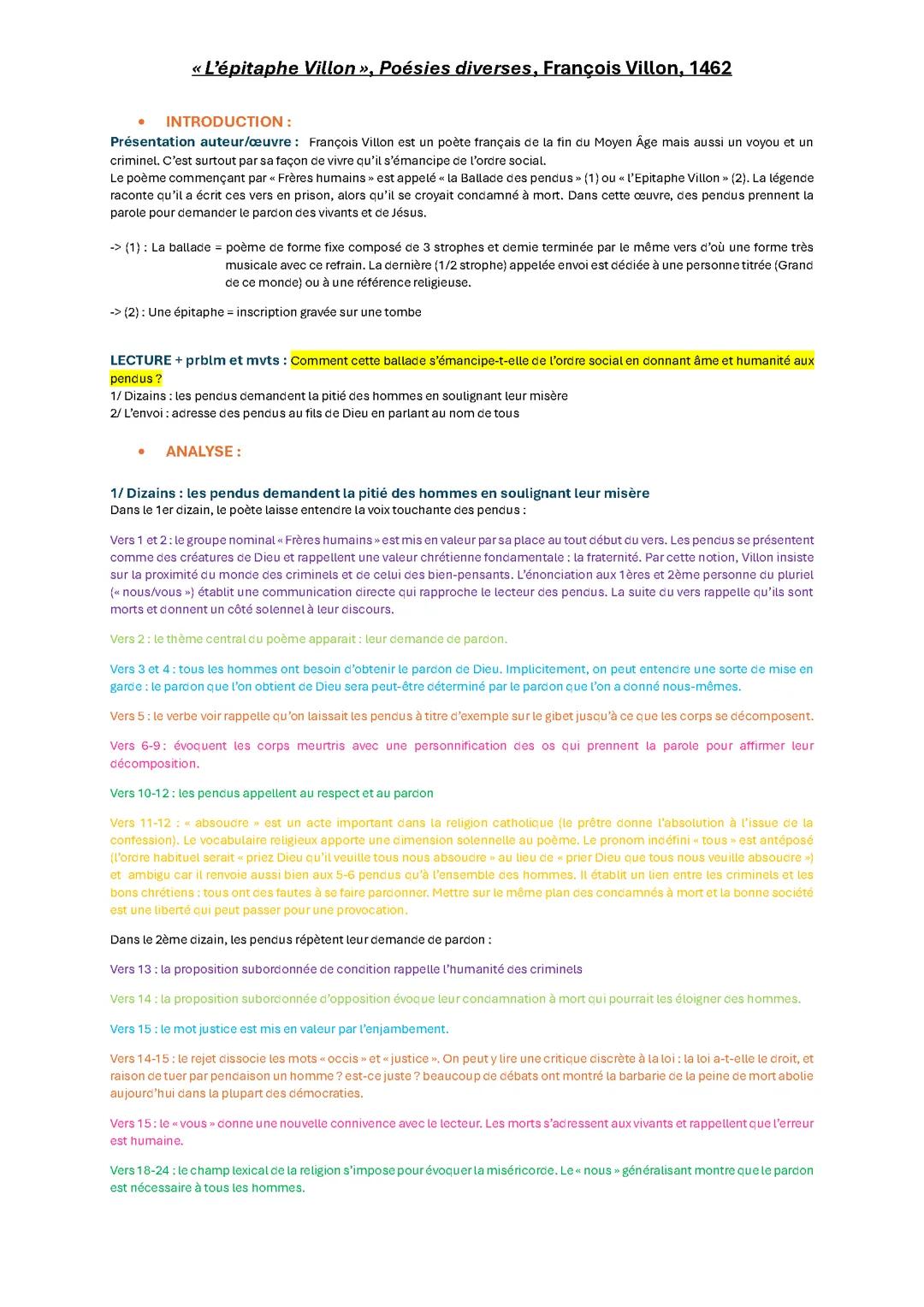 Analyse linéaire « l’Epitaphe Villon » (François Villon)