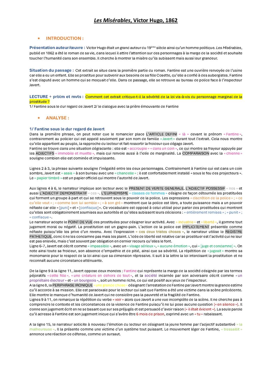 Analyse linéaire « les Misérables » (Victor Hugo)
