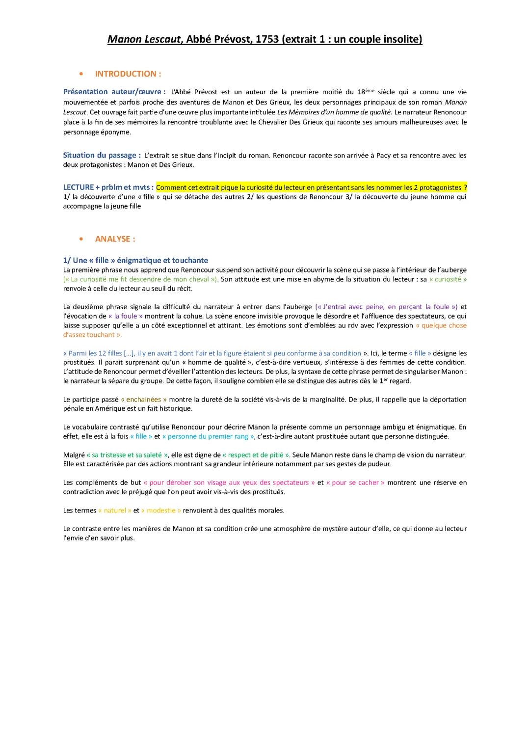 Analyse linéaire « Manon Lescaut (1) » (Abbé Prevost)