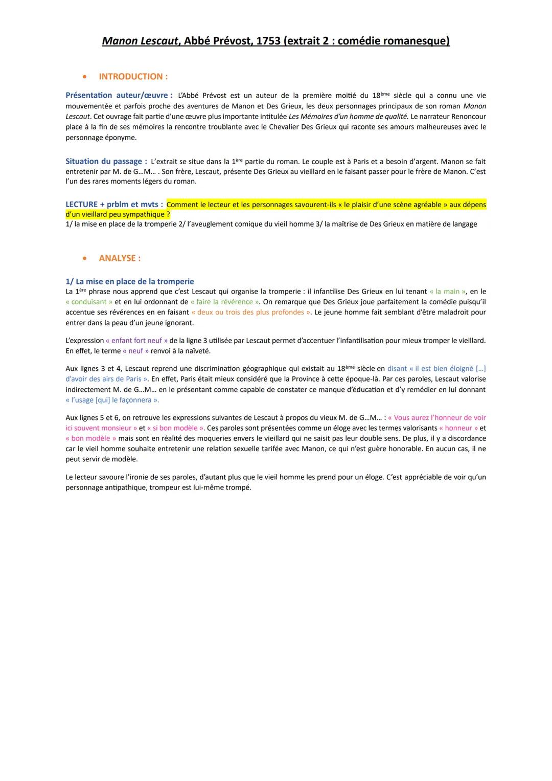 Analyse linéaire « Manon Lescaut » (2) (Abbé Prevost)